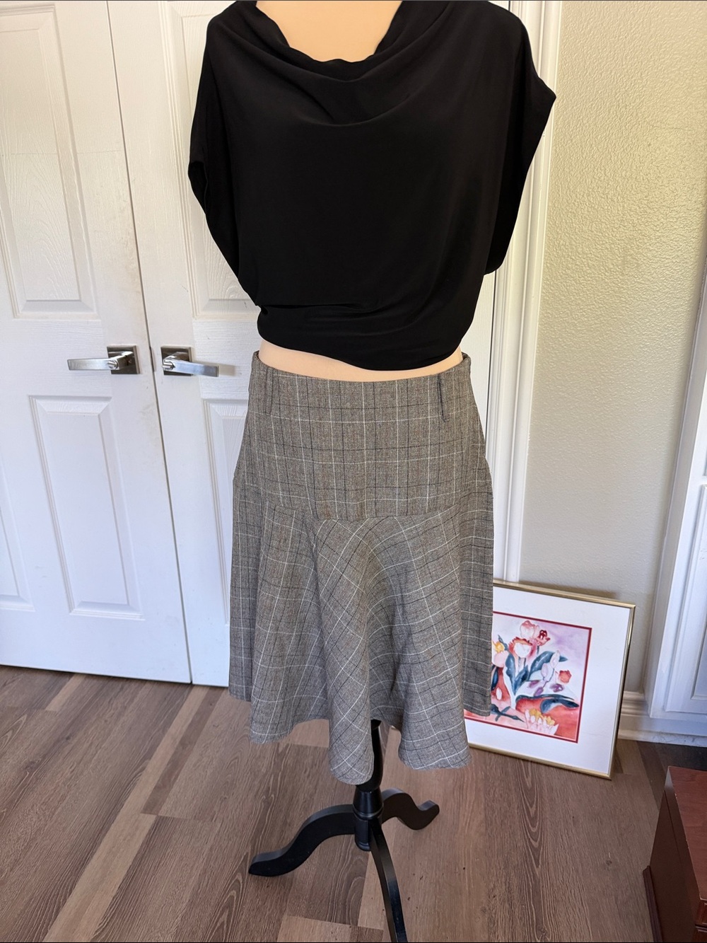 Y2K Plaid A-Line Midi Skirt in Grey